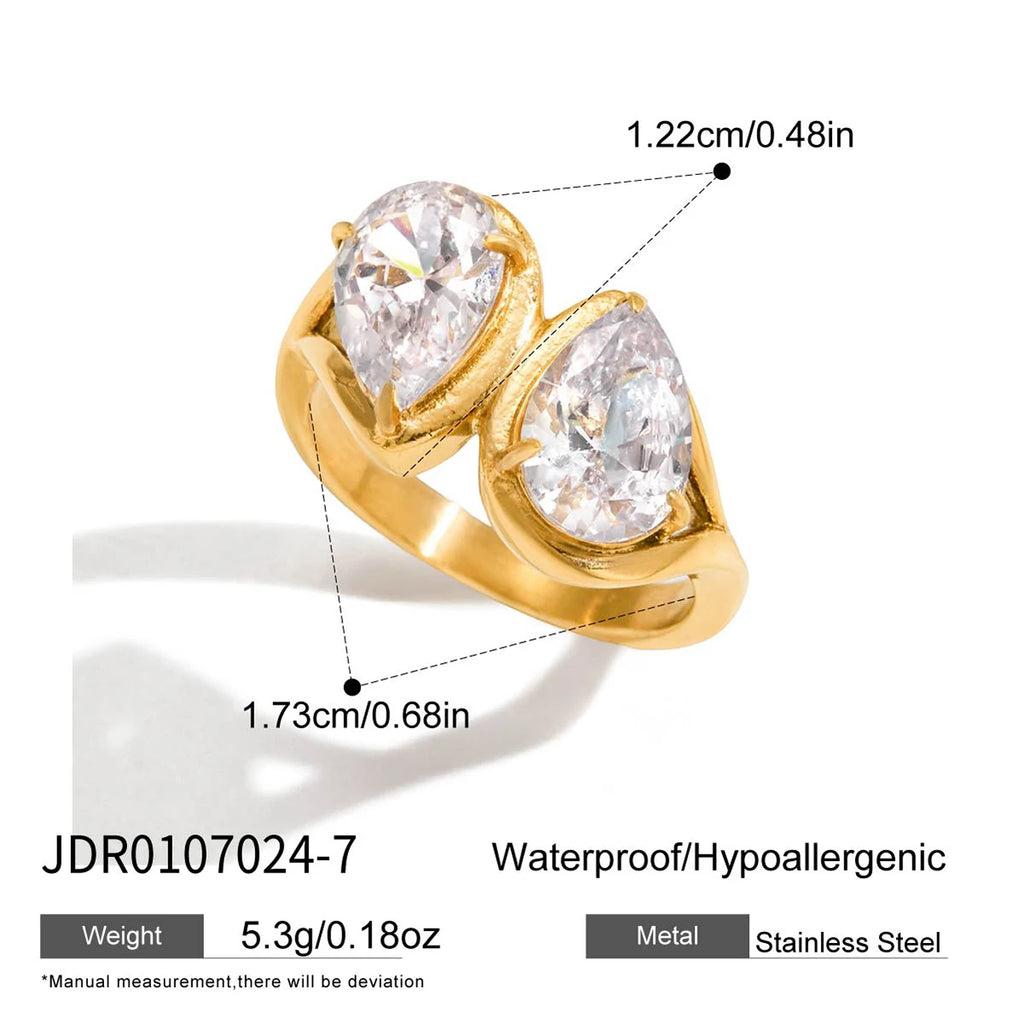 KIKA Classic MInimalist 18k Gold Color PVD Plated Droplet Shaped Large White Zircon Rings Waterproof  Stainless Steel 316L