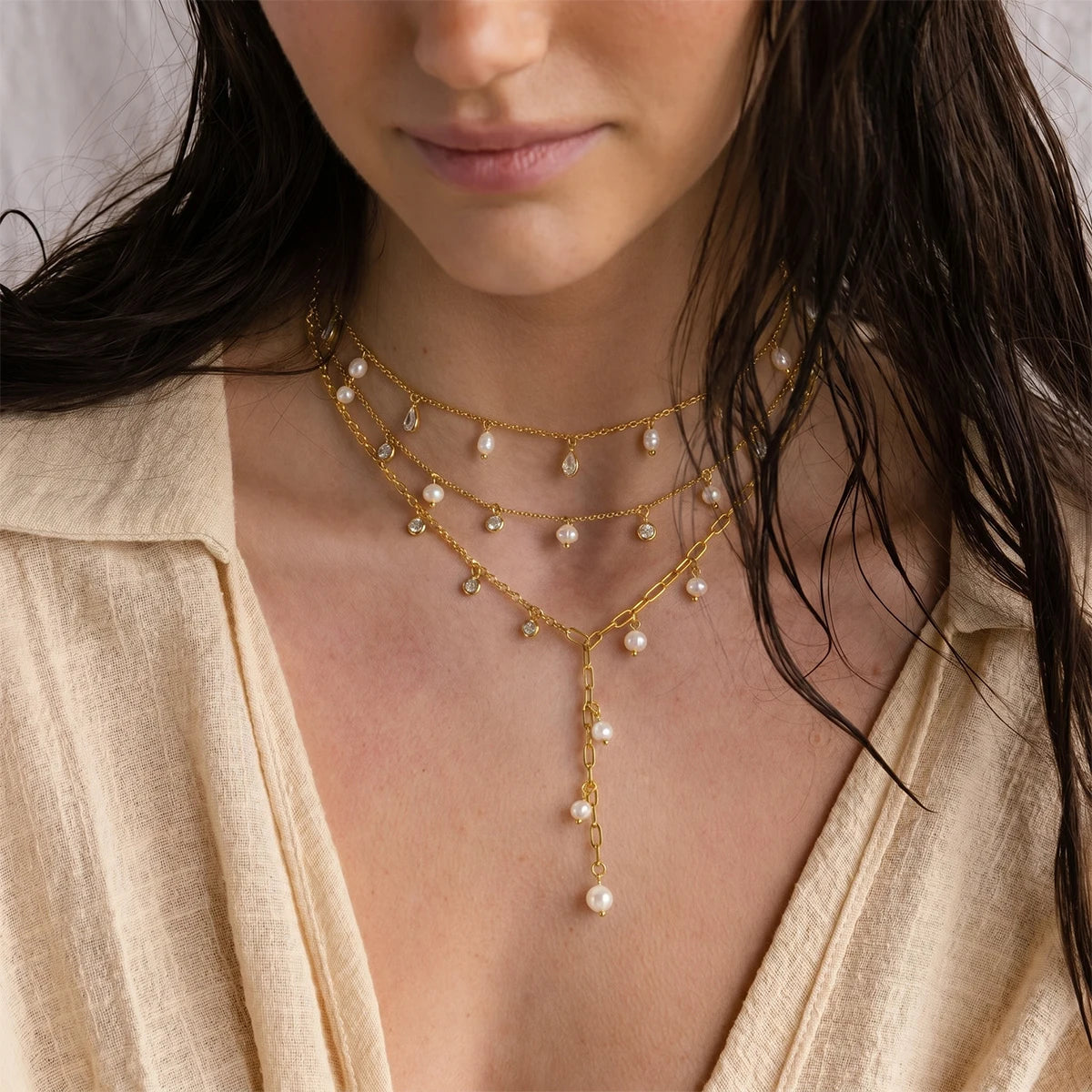 Kika Freshwater Pearl Zircon Pendant Y Shape Chain Necklace 18K Gold PVD Plated Stainless Steel 316L