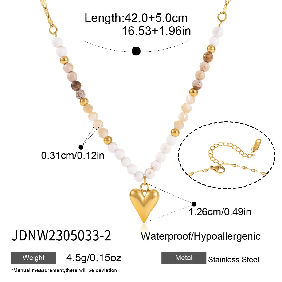 KIKA Natural Stone Beads Geometric Pendant Necklace For Women 18K Gold Plated Stainless Steel 316L