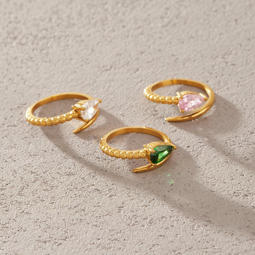 KIKA Water Drop Zircon Snake Shape Open Rings 18K Gold PVD Plated Stainless Steel 316L
