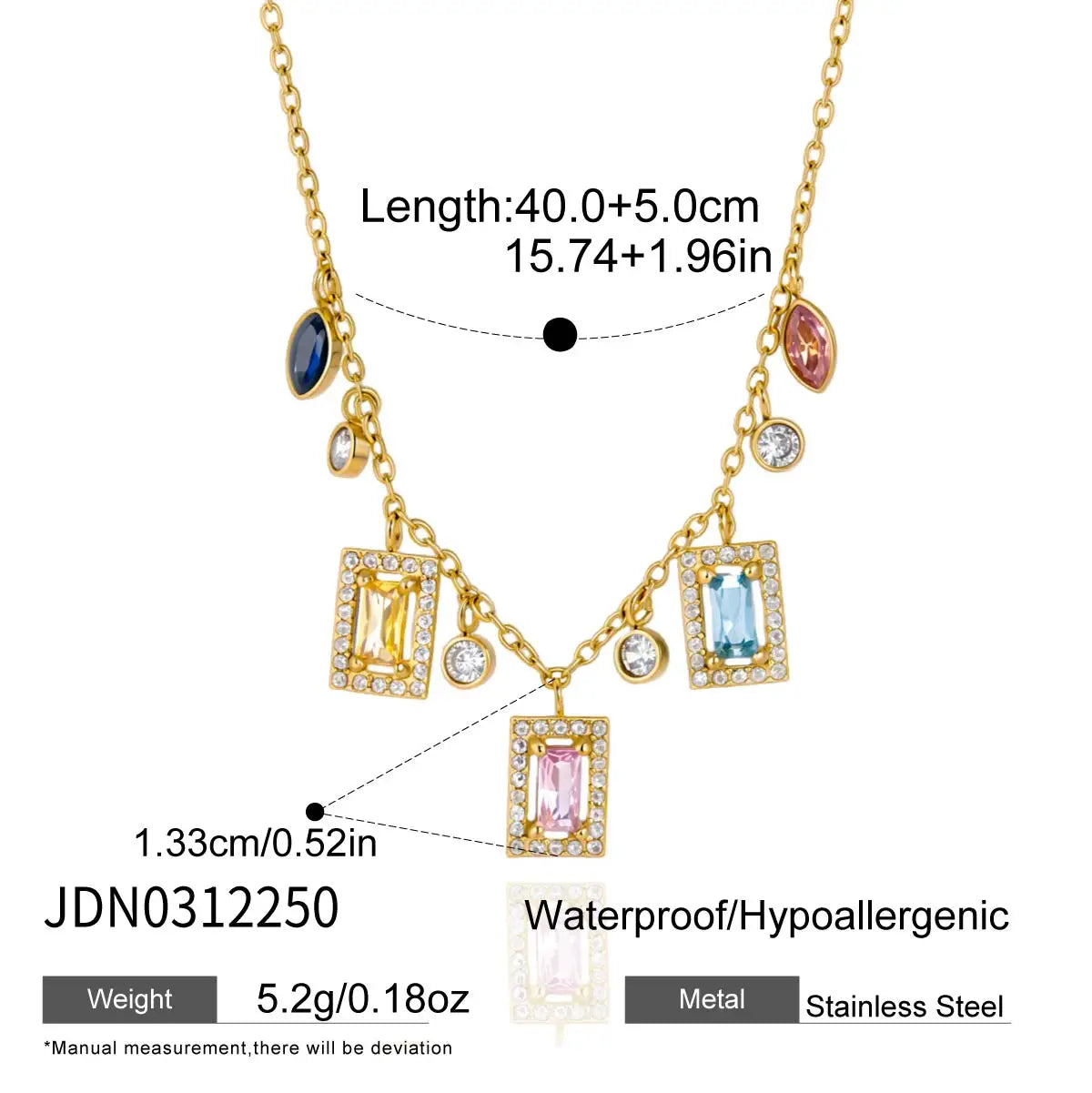 Kika Delicate 18K Colorful Square Geometric Zircon Pendant Bead Chain Necklace
