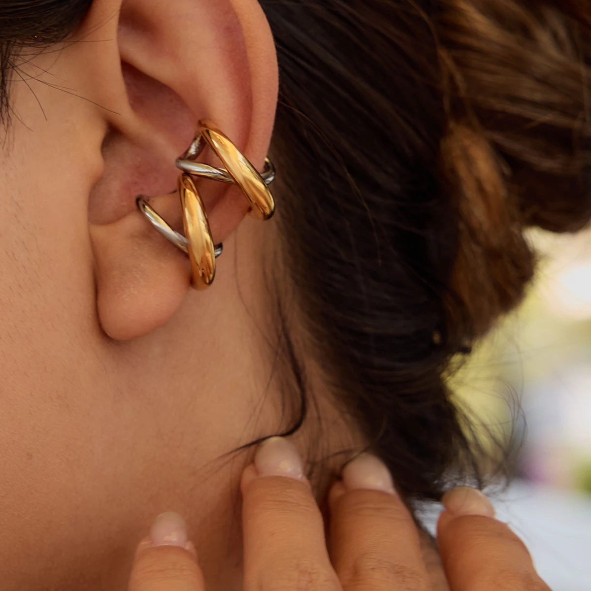 KIKA Fashion Two Tone Cross Geometric Line Earclip Stainless Steel 316L Stackable Earclip