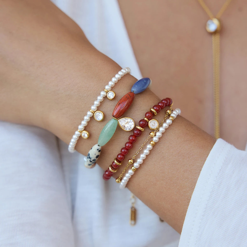 KIKA Water Drop Zircon Charm Bracelet For Women Mixed Natural Stone Beaded Bracelet 18K Gold Plated Stainless Steel Jewelry