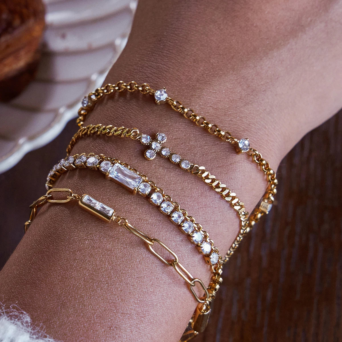 KIKA Minimalist Classic 18K Gold Color PVD Plated Inlay White Zircon Bracelets Waterproof Stainless Steel 316L
