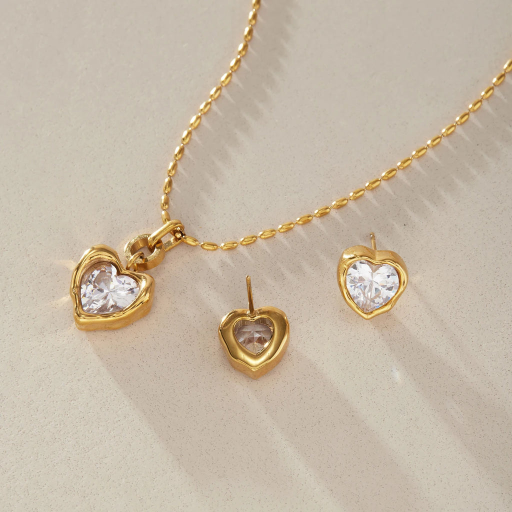 Kika Romantic Heart Zircon Necklace Earrings Jewelry Set 18K Gold PVD Plated Stainless Steel 316L