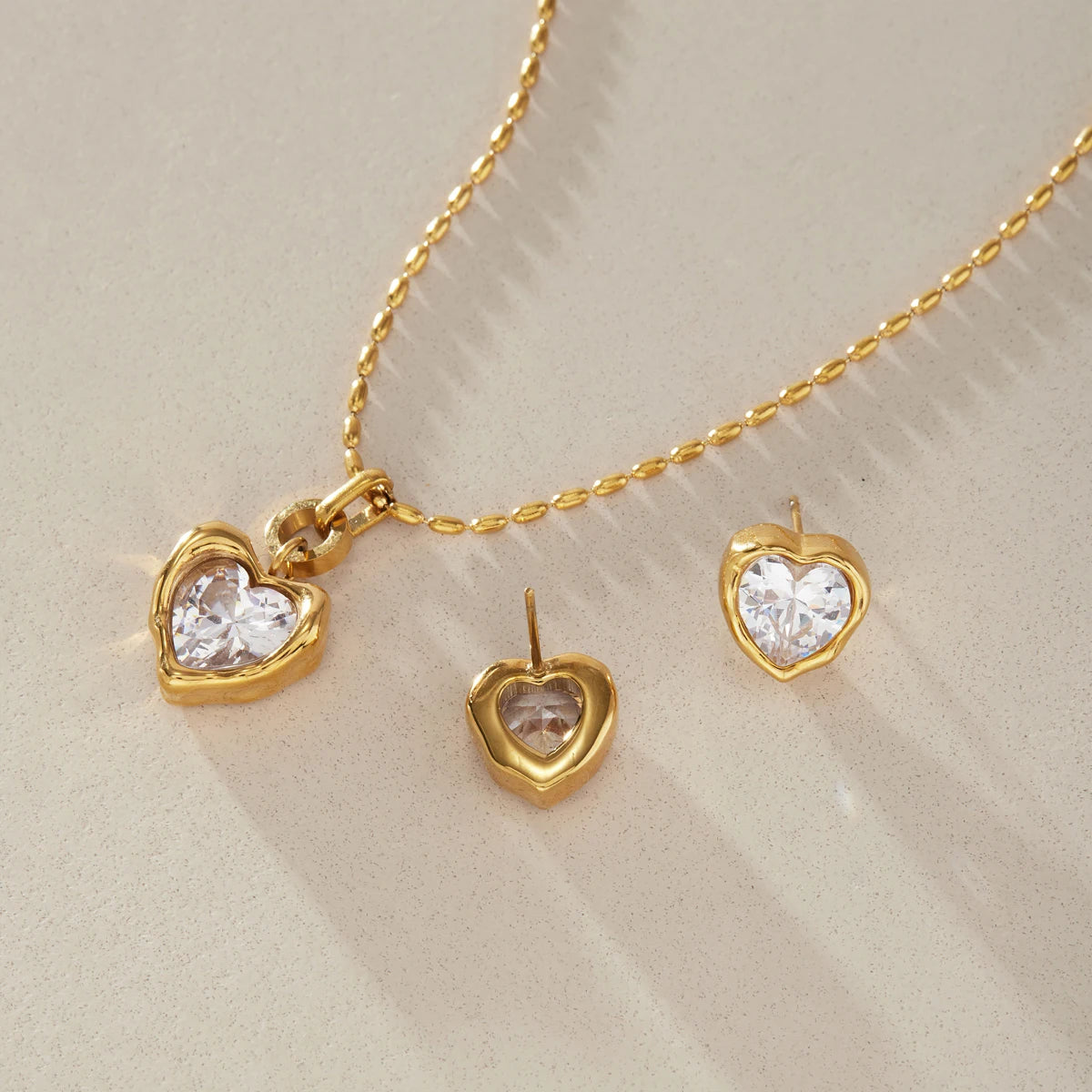 Kika Romantic Heart Zircon Necklace Earrings Jewelry Set 18K Gold PVD Plated Stainless Steel 316L