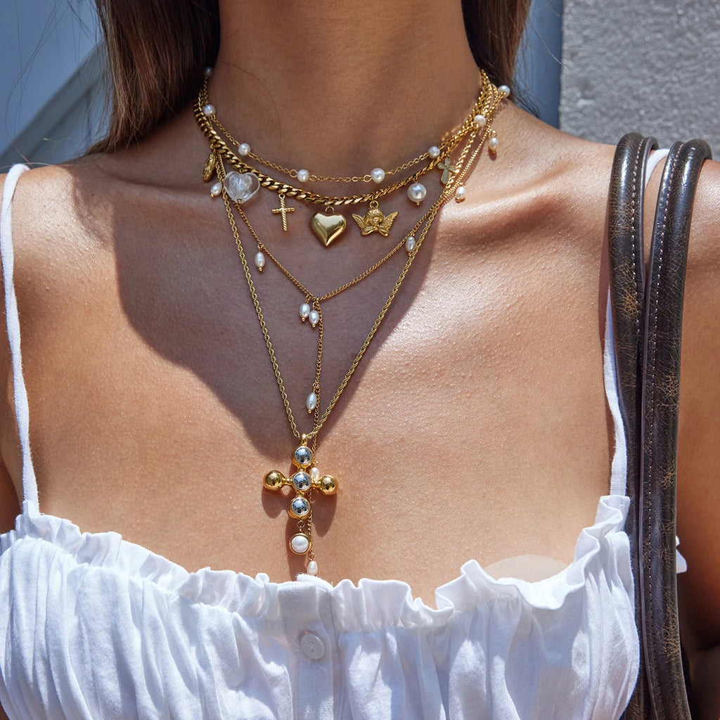 Kika Ocean Vacation Style  Stainless Steel Angel Cross Pendant Necklace