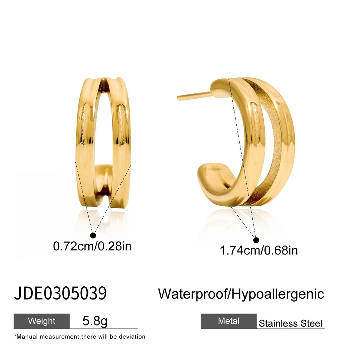 KIKA Minimalist Classic 18K Gold Color PVD  Plated Stainless Steel 316L C-Shaped Earrings Hypoallergenic Waterproof