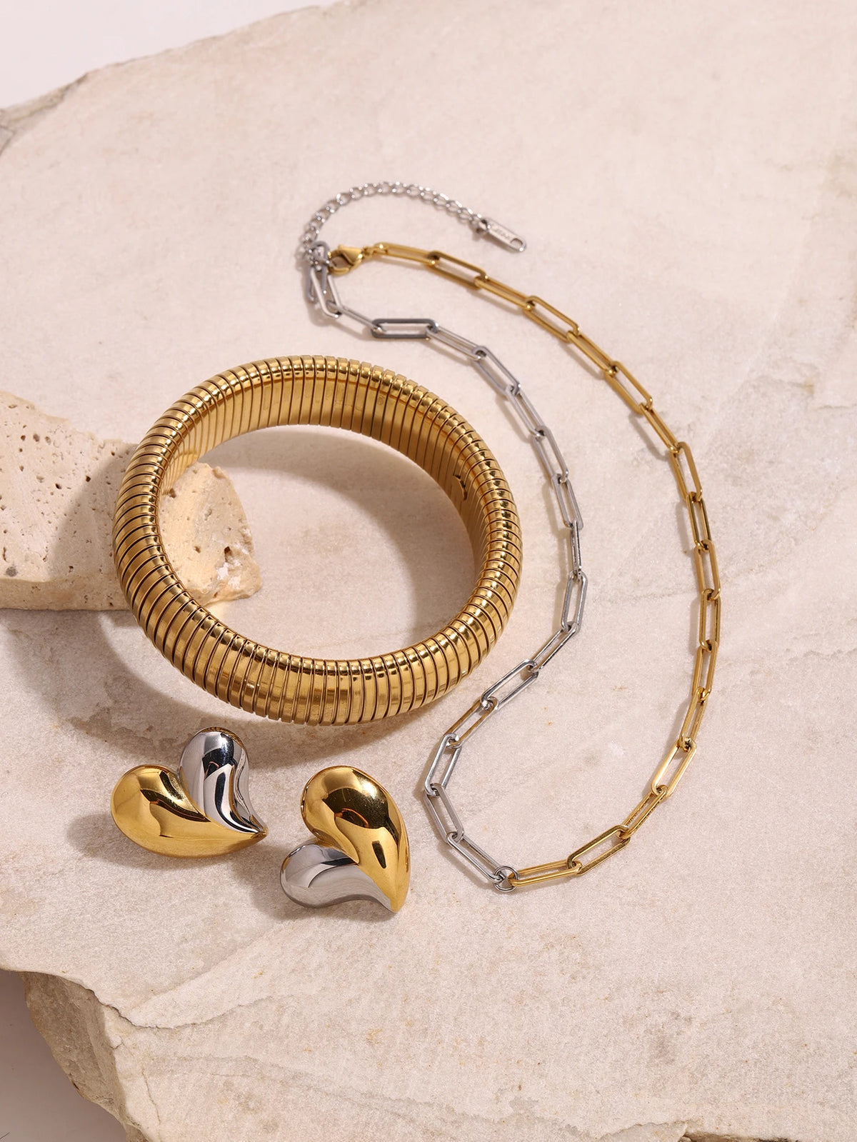 Kika 4pcs Two tone Love Earrings Texture Bracelet Color blocked Necklace Chain Women's Jewelry Gift for Her