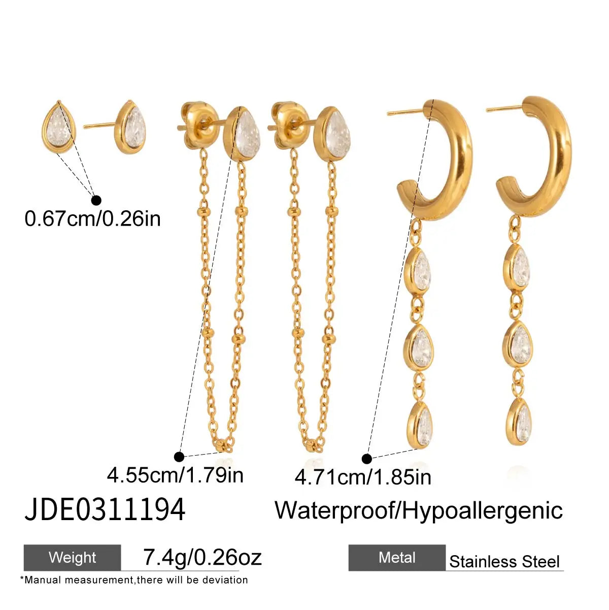 3 Pairs Geometric Water Droplet Rhinestone Earrings