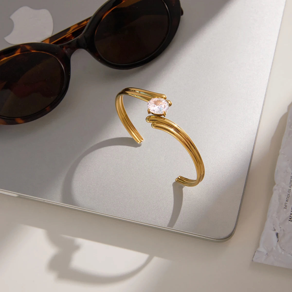 Kika Classic 18K Plated Irregular White Zircon Double-Layer Open Bracelet Stainless Steel