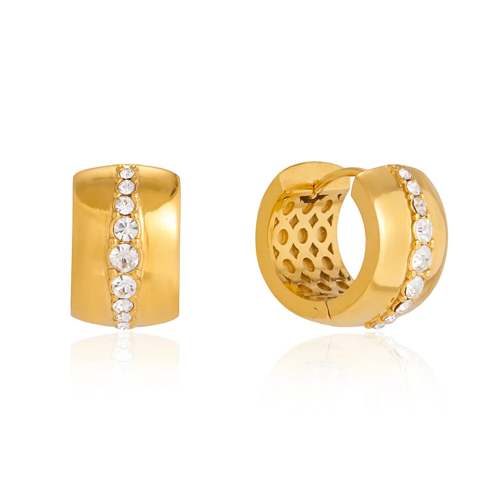 Classic Gold Color Wide-Faced Ear Buckle Earring With White Rhinestone