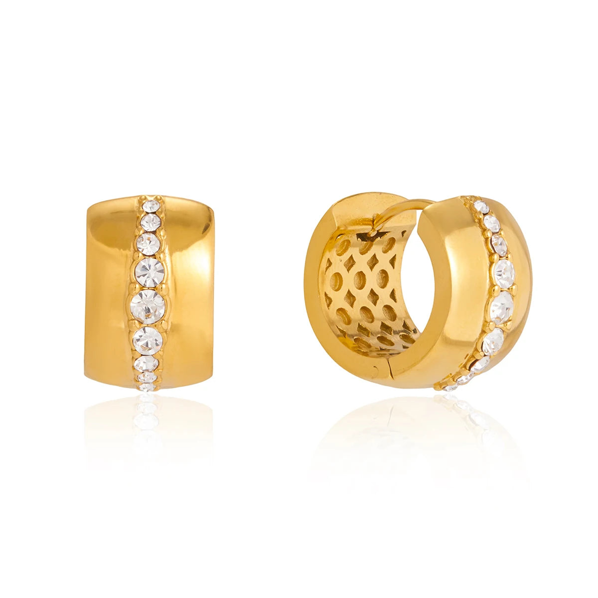 Classic Gold Color Wide-Faced Ear Buckle Earring With White Rhinestone