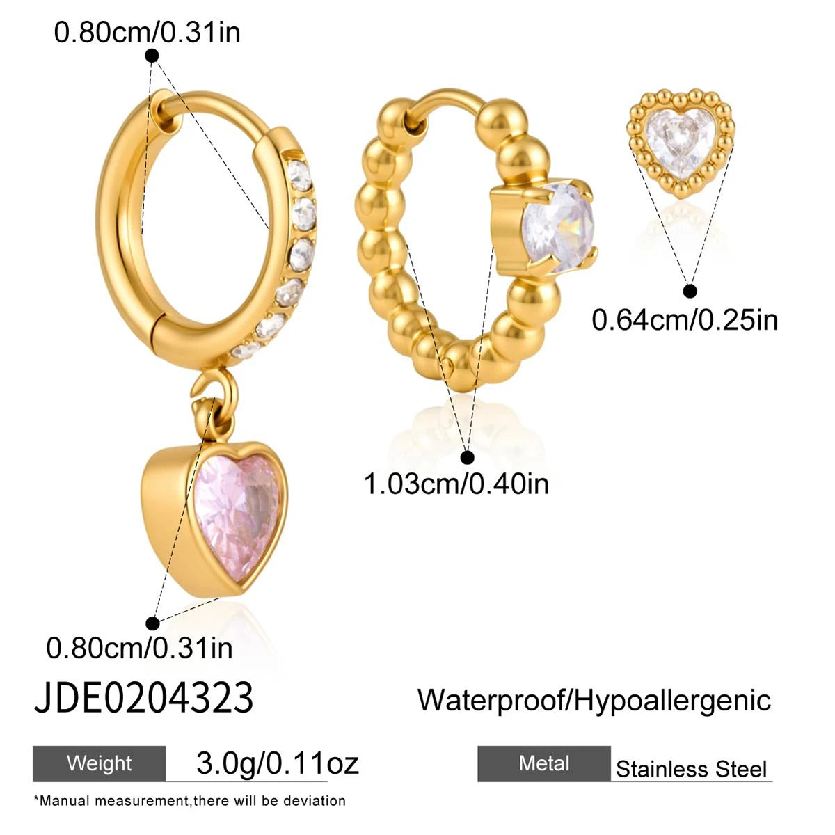 Kika 3 Pcs/Set Heart Zircon Earrings 18K Gold PVD Plated Stainless Steel 316L