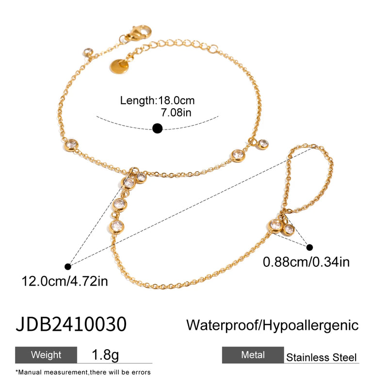 KIKA Luxury Ins Style Zircons Finger Bracelet PVD Gold Plated Stainless Steel 316L