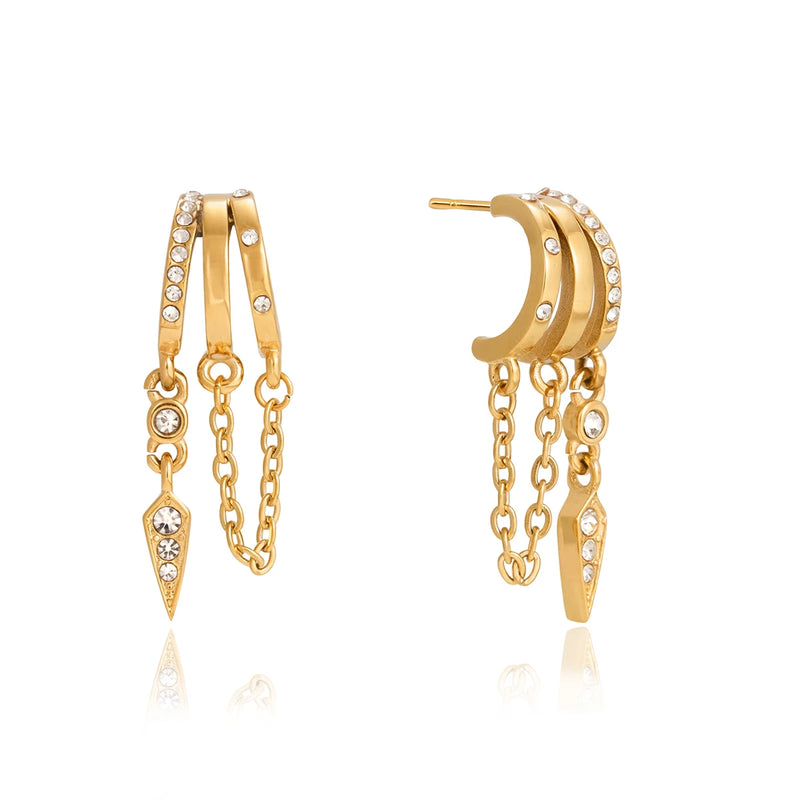 Delicate Hollowed Out Chain Fringed Conical Pendant Rhinestone Earring