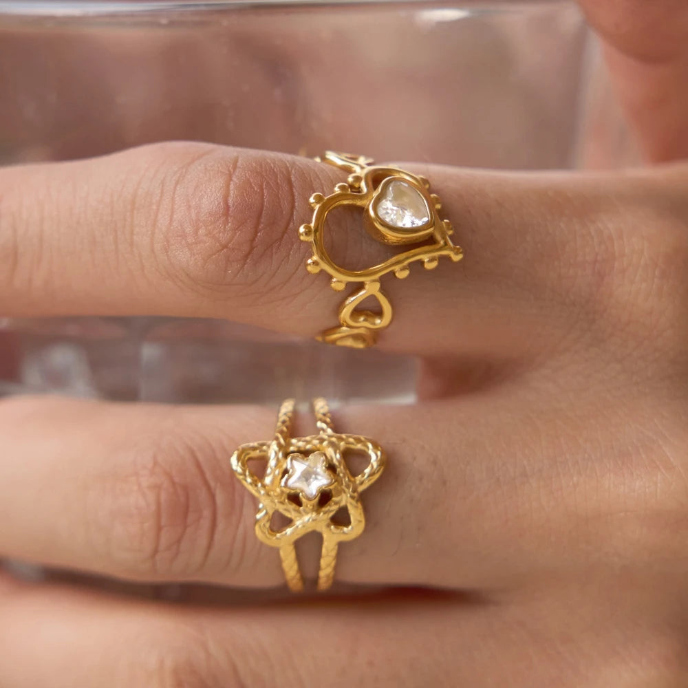 Kika Star Heart Zircon Hollow Open Rings