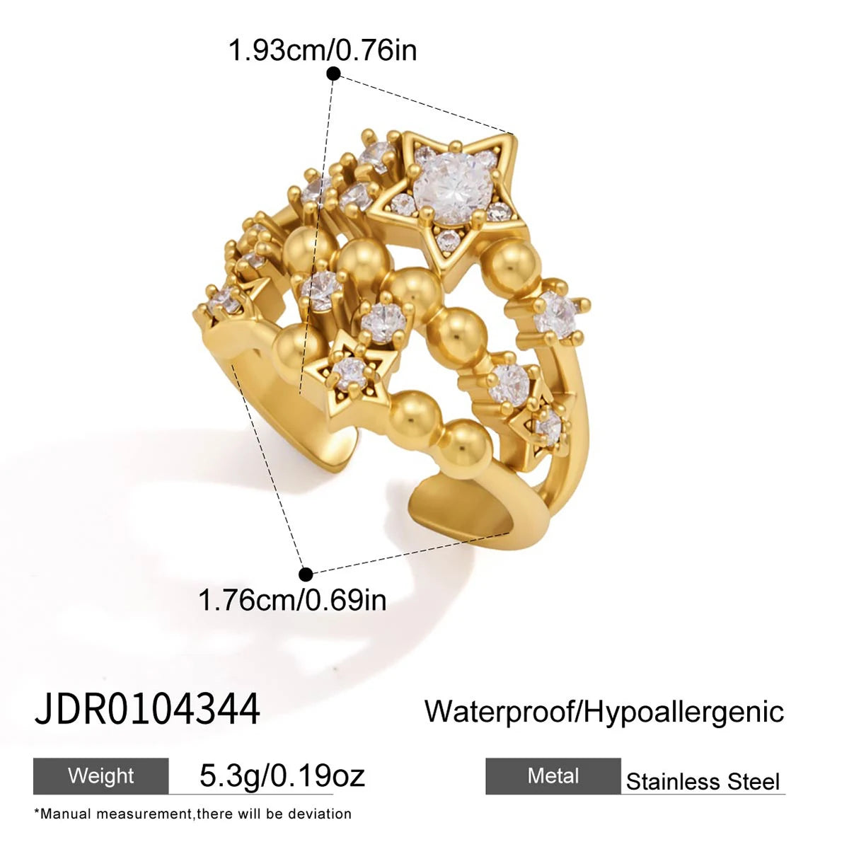 KIKA Delicate Zircon Star Open Rings PVD Plated Stainless Steel 316L
