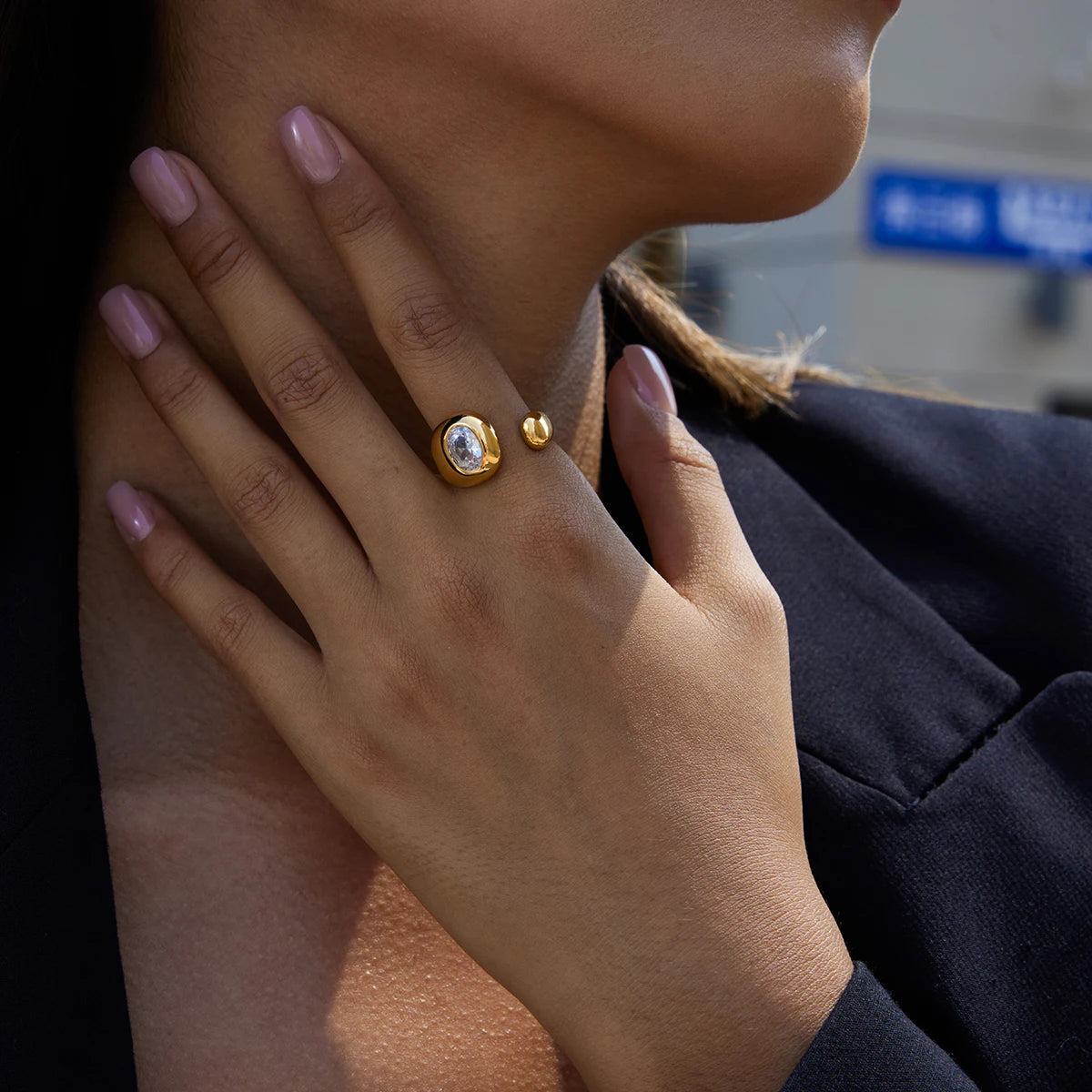 Plated Stainless Steel Rhinestone Asymmetric Oval Ring