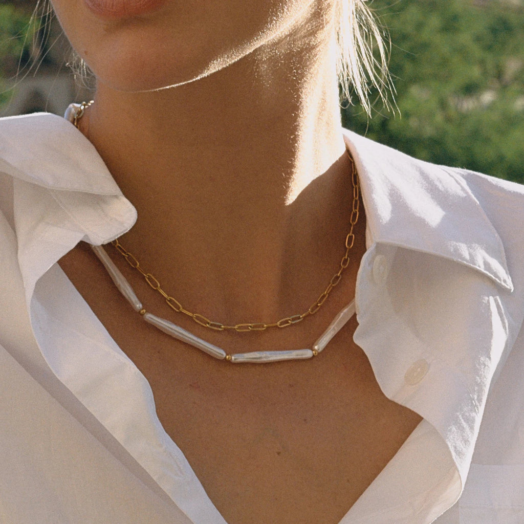 Kika Fashion Elegant Stainless Steel Acrylic Pearl Stick Necklace