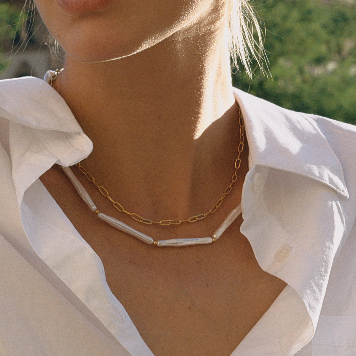 Kika Fashion Elegant Stainless Steel Acrylic Pearl Stick Necklace