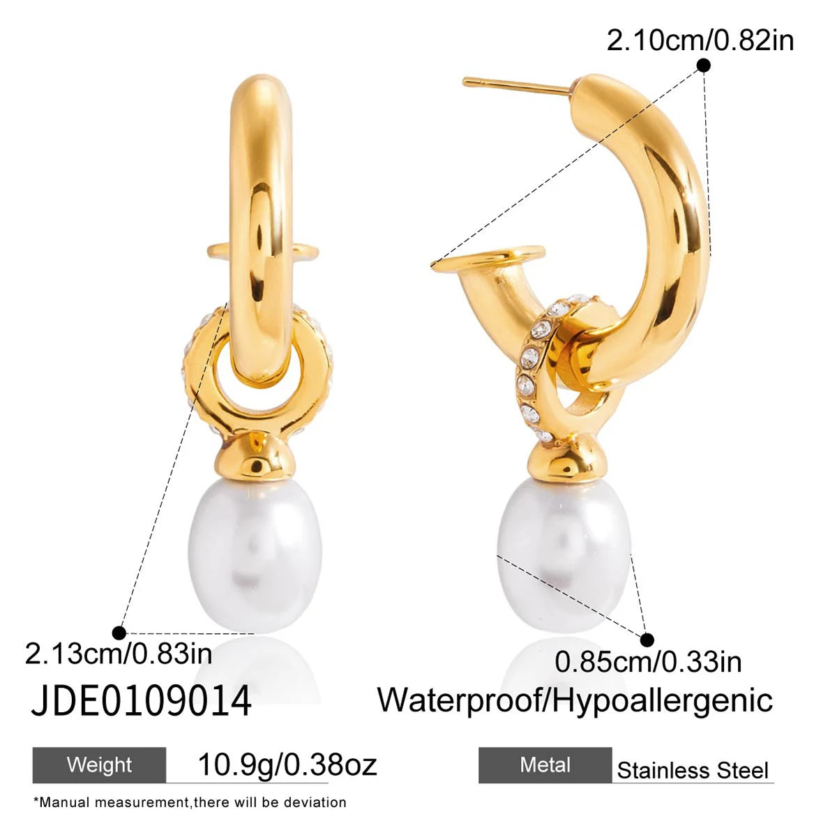 KIKA Fashion Elegant Pearl Pendant Earrings 18K Gold Color PVD Plated Stainless Steel 316L White Water Rhinestone