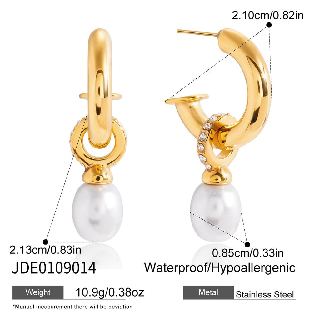 KIKA Fashion Elegant Pearl Pendant Earrings 18K Gold Color PVD Plated Stainless Steel 316L White Water Rhinestone