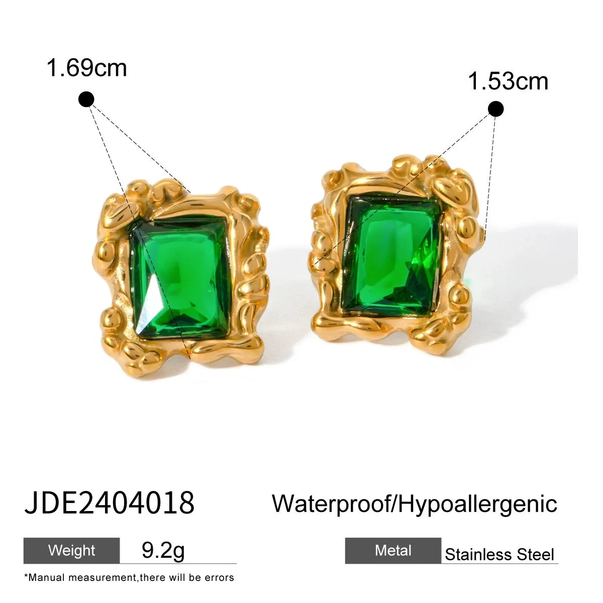 Kika Retro 18K Gold Color Stainless Steel Green Zircon Geometric Earrings