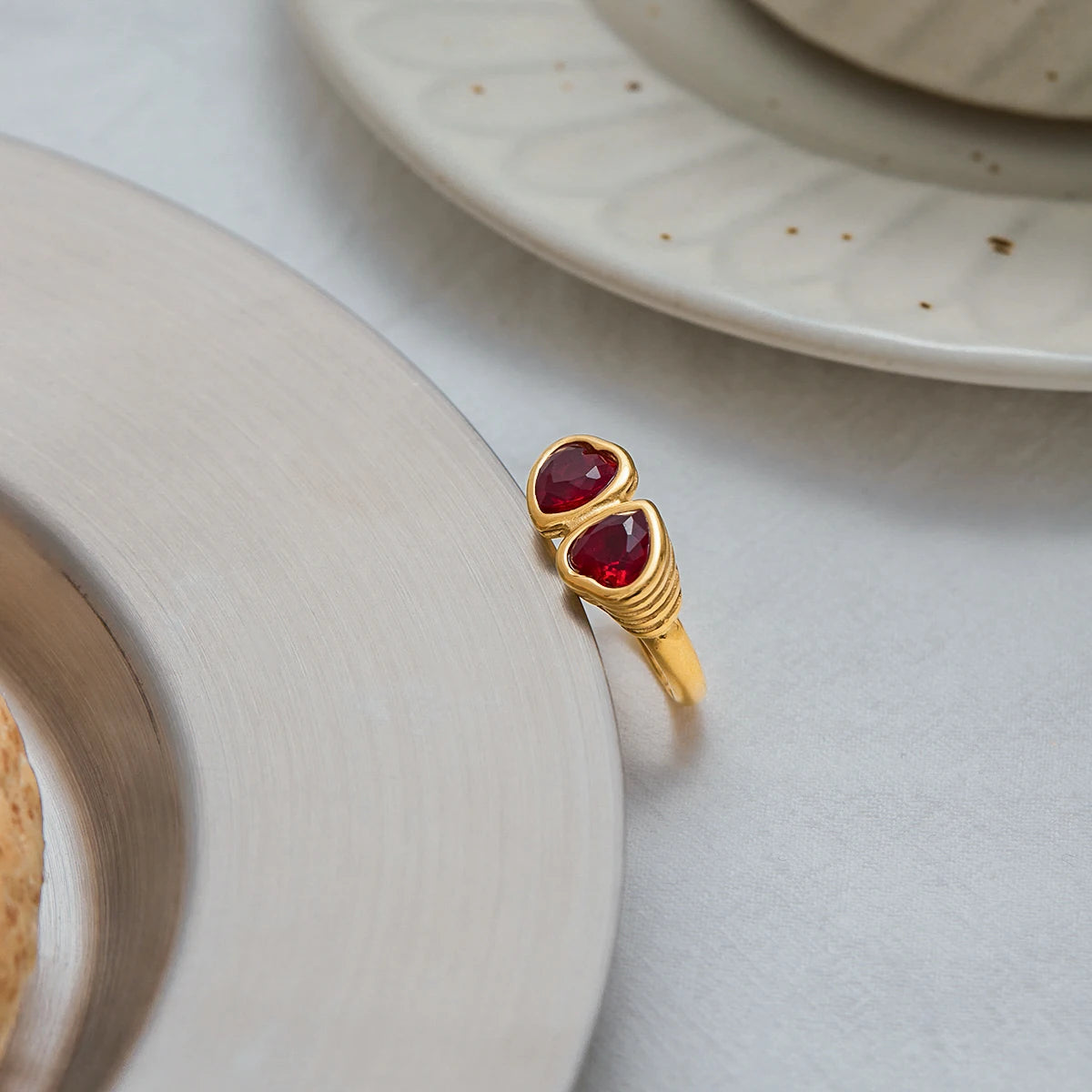 Kika Vintage Deep Red Zircon Heart Ring 18K Gold Color Plated Stainless Steel