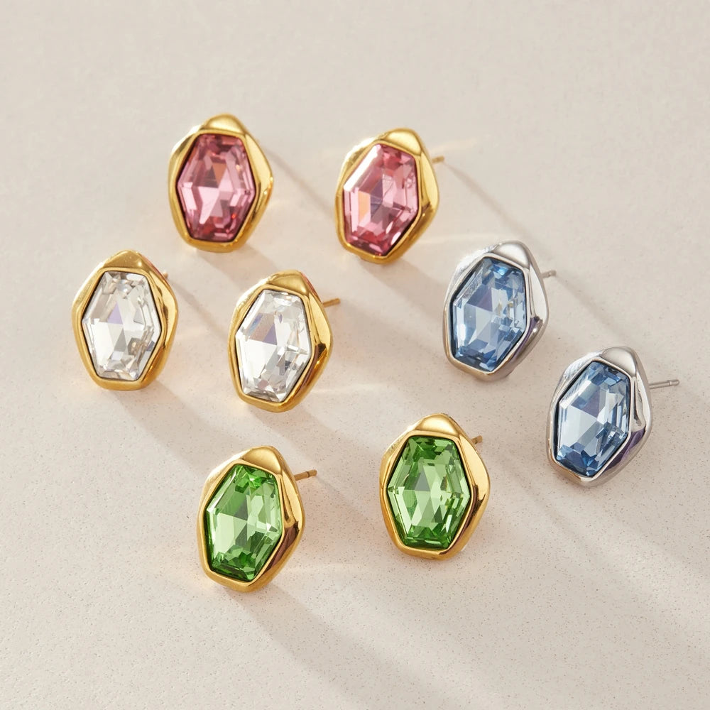 KIKA Elegant Glass Stone Stud Earrings  18K Gold PVD Plated Stainless Steel 316L
