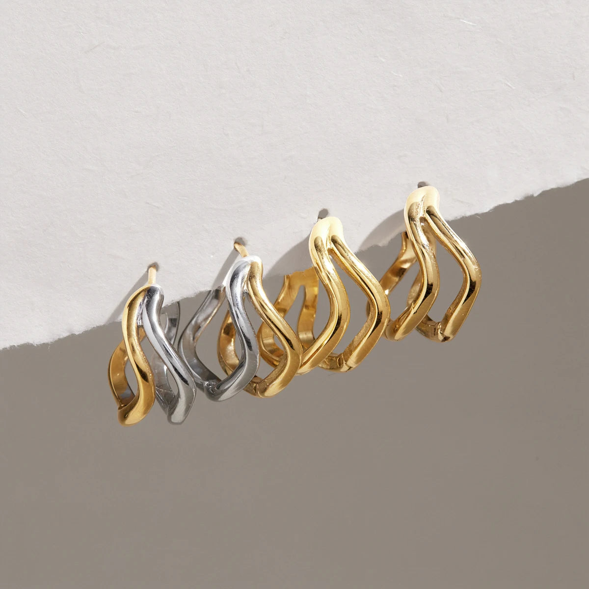 Kika Double Layer Wave Shape Clip Earrings 18K Gold PVD Plated Stainless Steel 316L