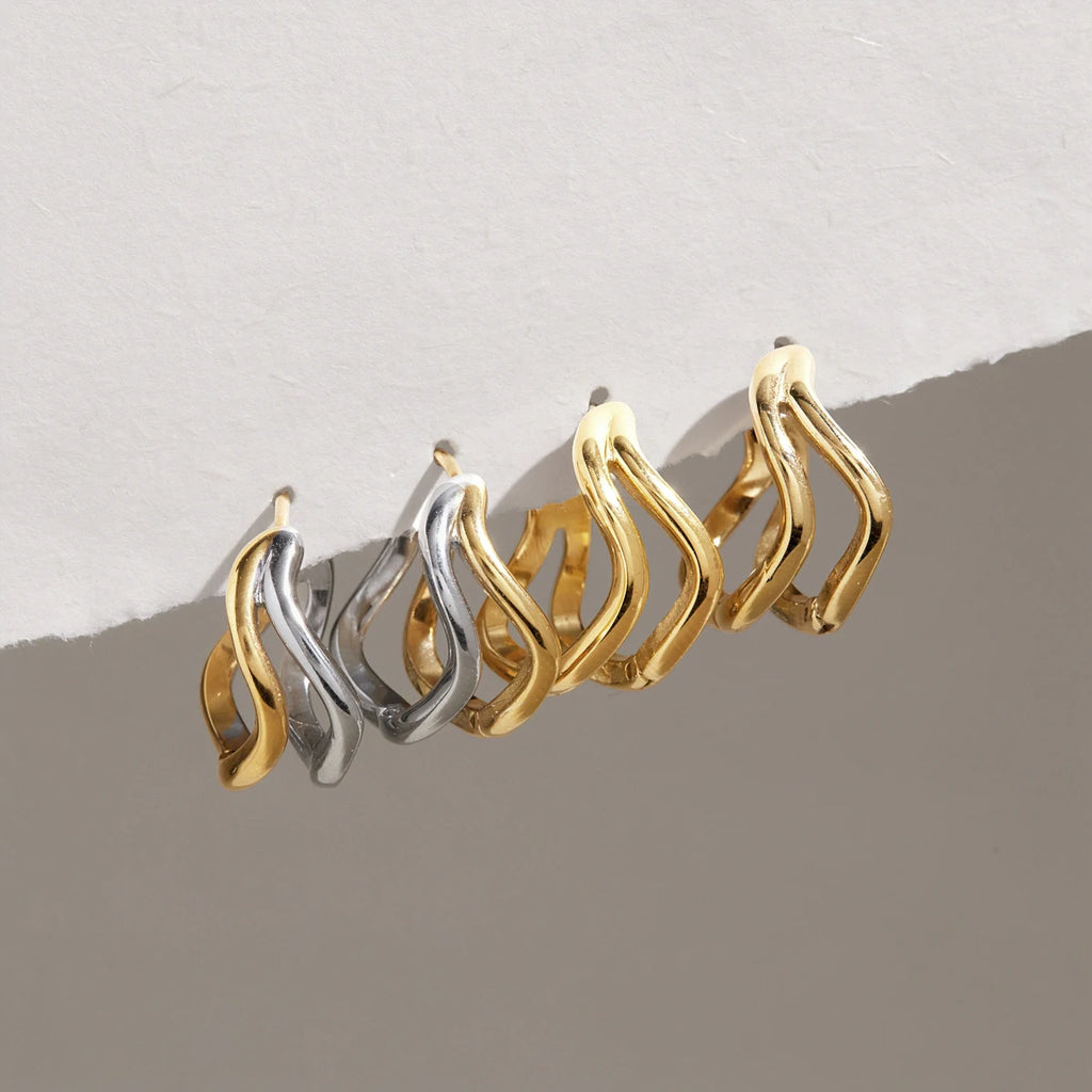 Kika Double Layer Wave Shape Clip Earrings 18K Gold PVD Plated Stainless Steel 316L