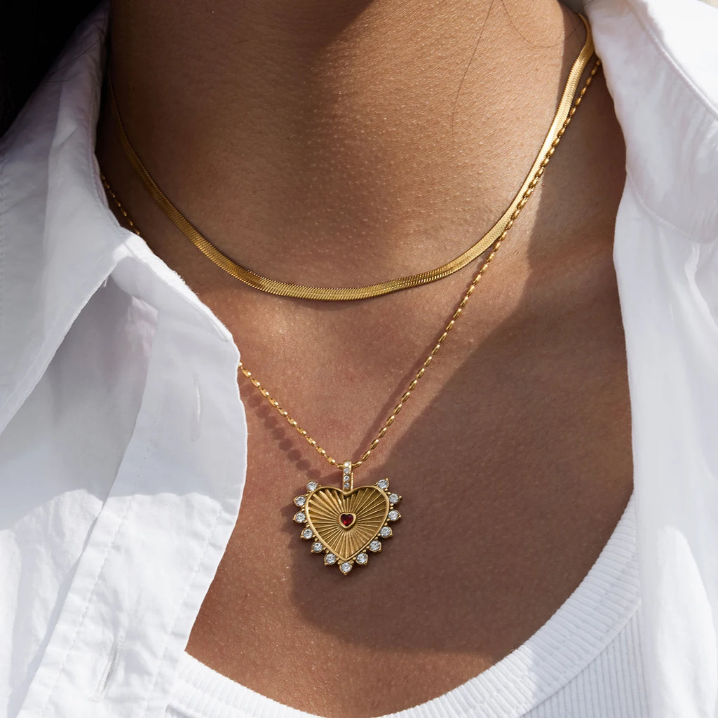 Red Rhinestone Ribbed Heart-Shaped Pendant Necklace Stainless Steel