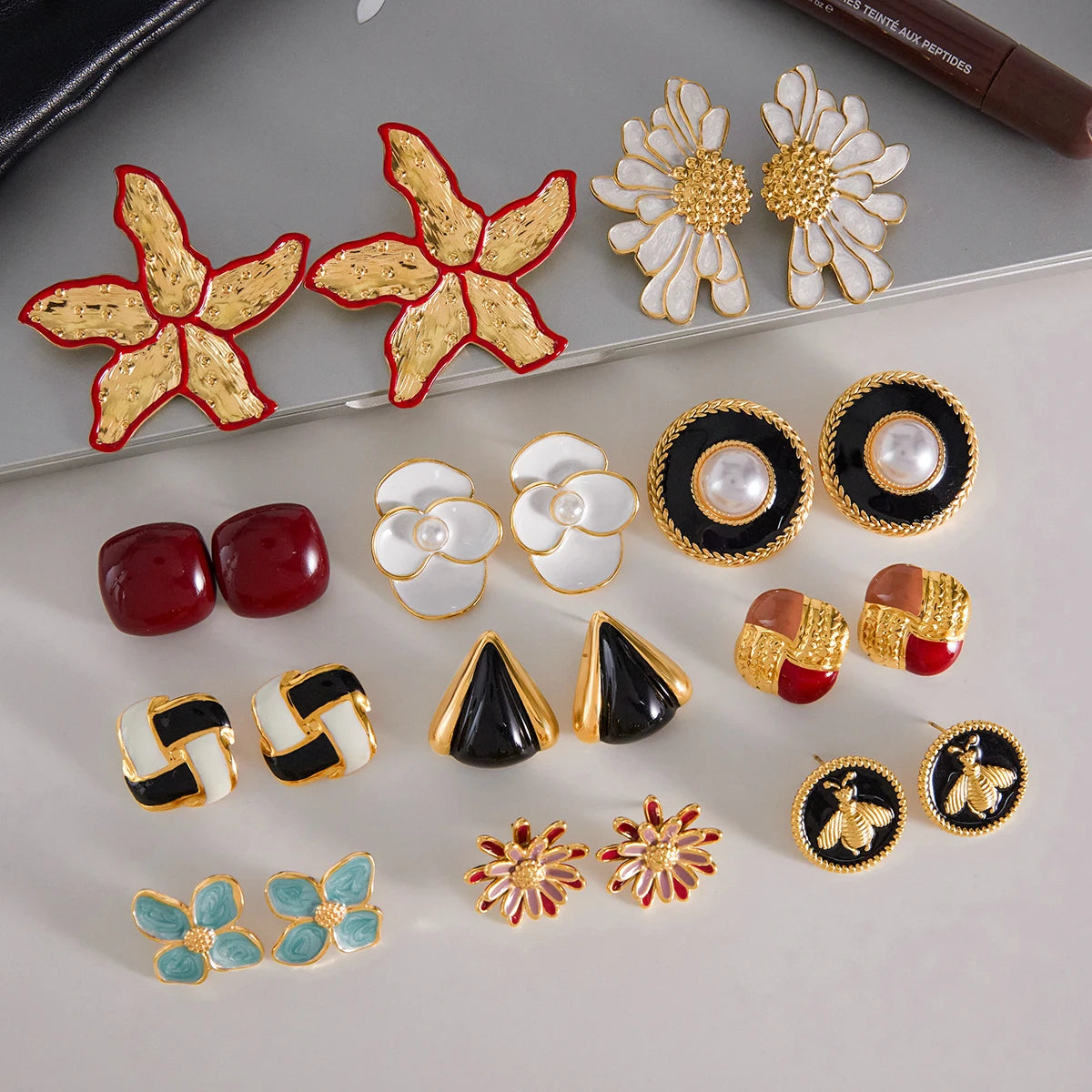KIKA Vintage Square Red Double Color Drip Oil Ears Studs18K PVD Stainless Steel 316L Gold Color Irregular Drip Oil