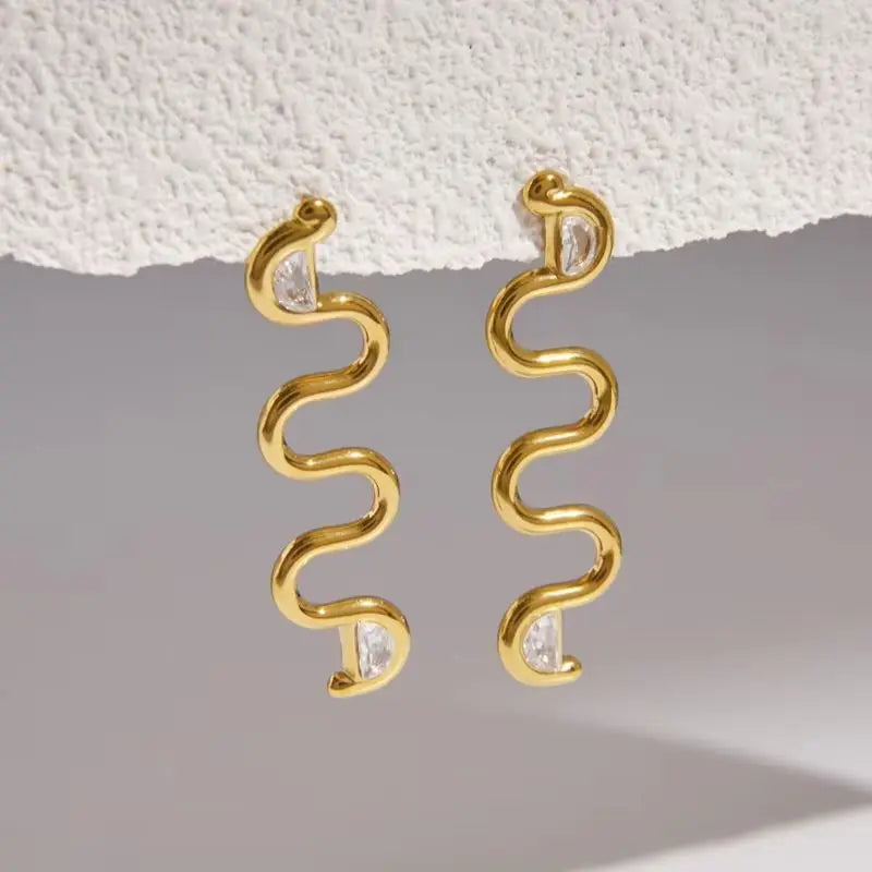 KIKA Delicate Zircon Wave Shape Long Stud Earrings  PVD Plated Stainless Steel 316L
