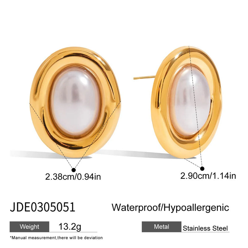 Kika Vintage 18K Gold Color Plated Stainless Steel Oval Pearl Waterproof Ear Studs