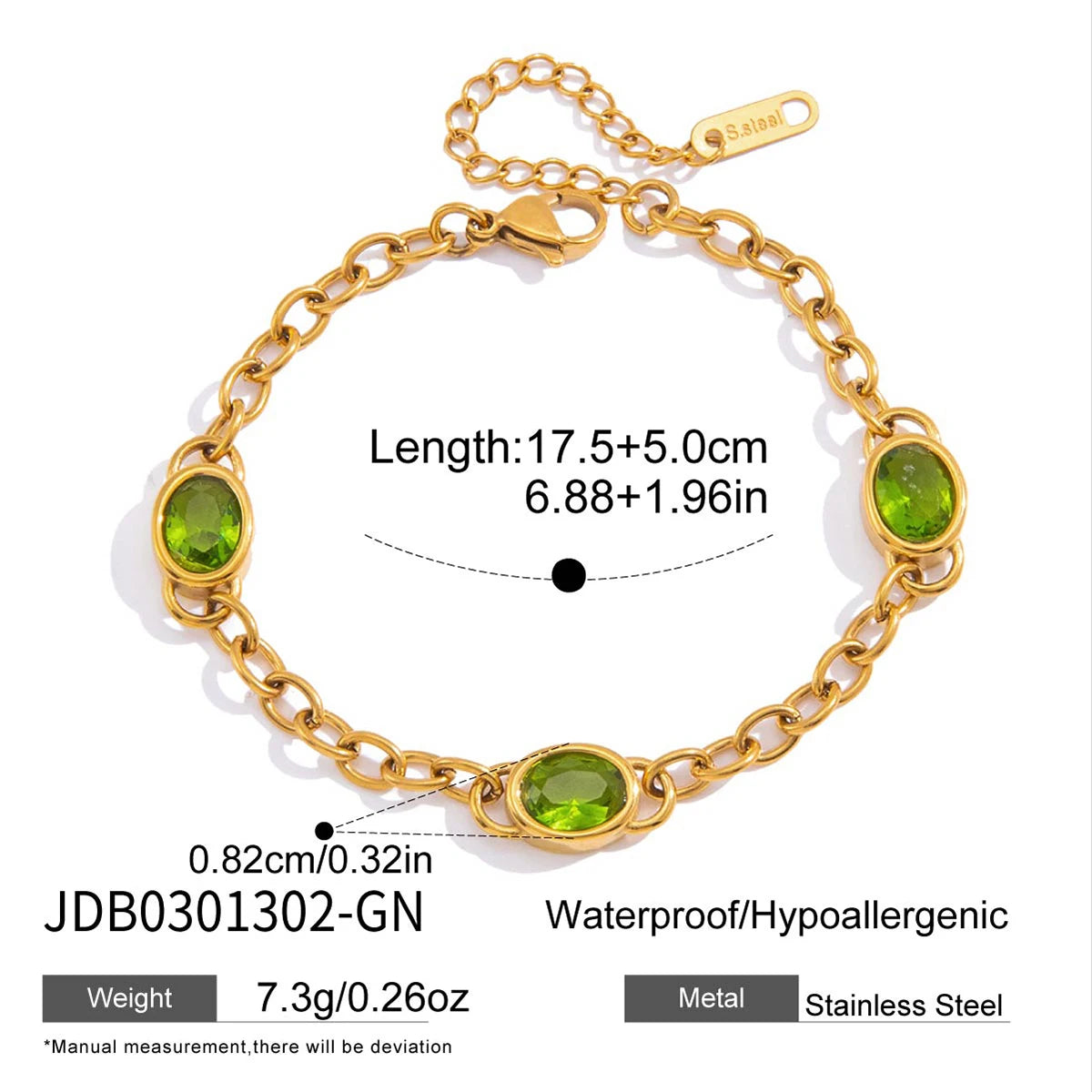 KIKA Delicate Green White Egg Shaped Zircon Cross Chain Bracelet Stainless Steel316L