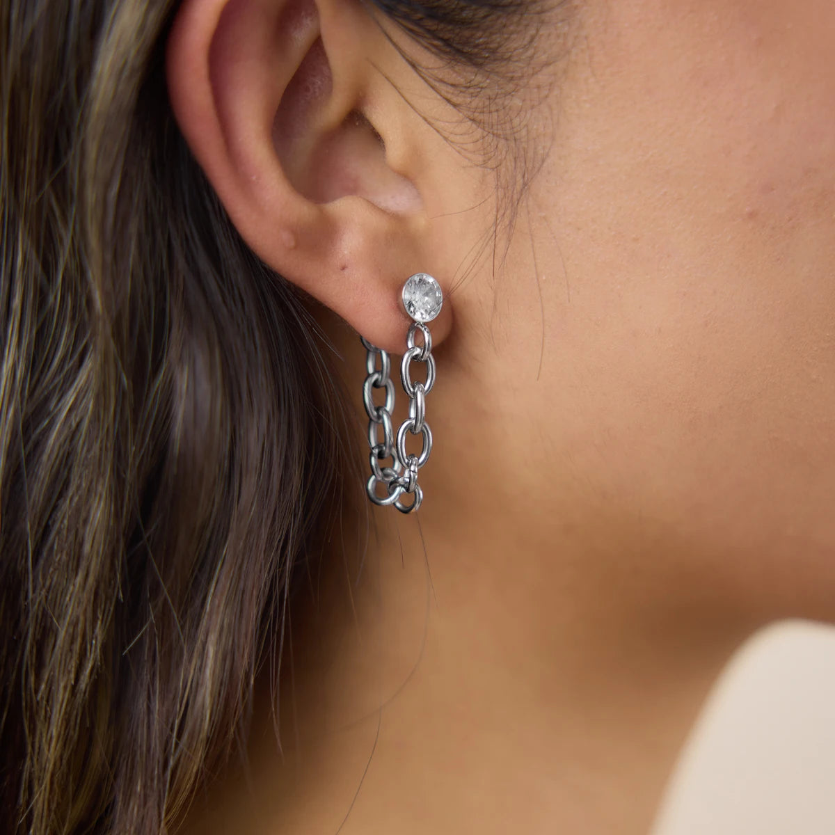 Kika Delicate Steel Color White Zircon Hollow Thick Chain Tassel Earrings