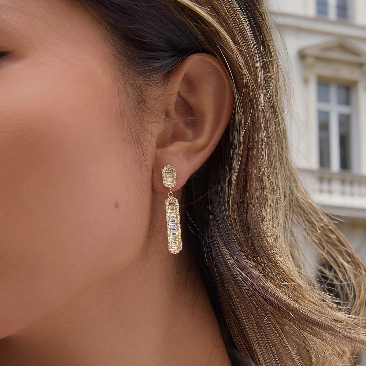 Kika Iced Out Crystal Long Drop Earrings 18K Gold Plated Stainless Steel 316L