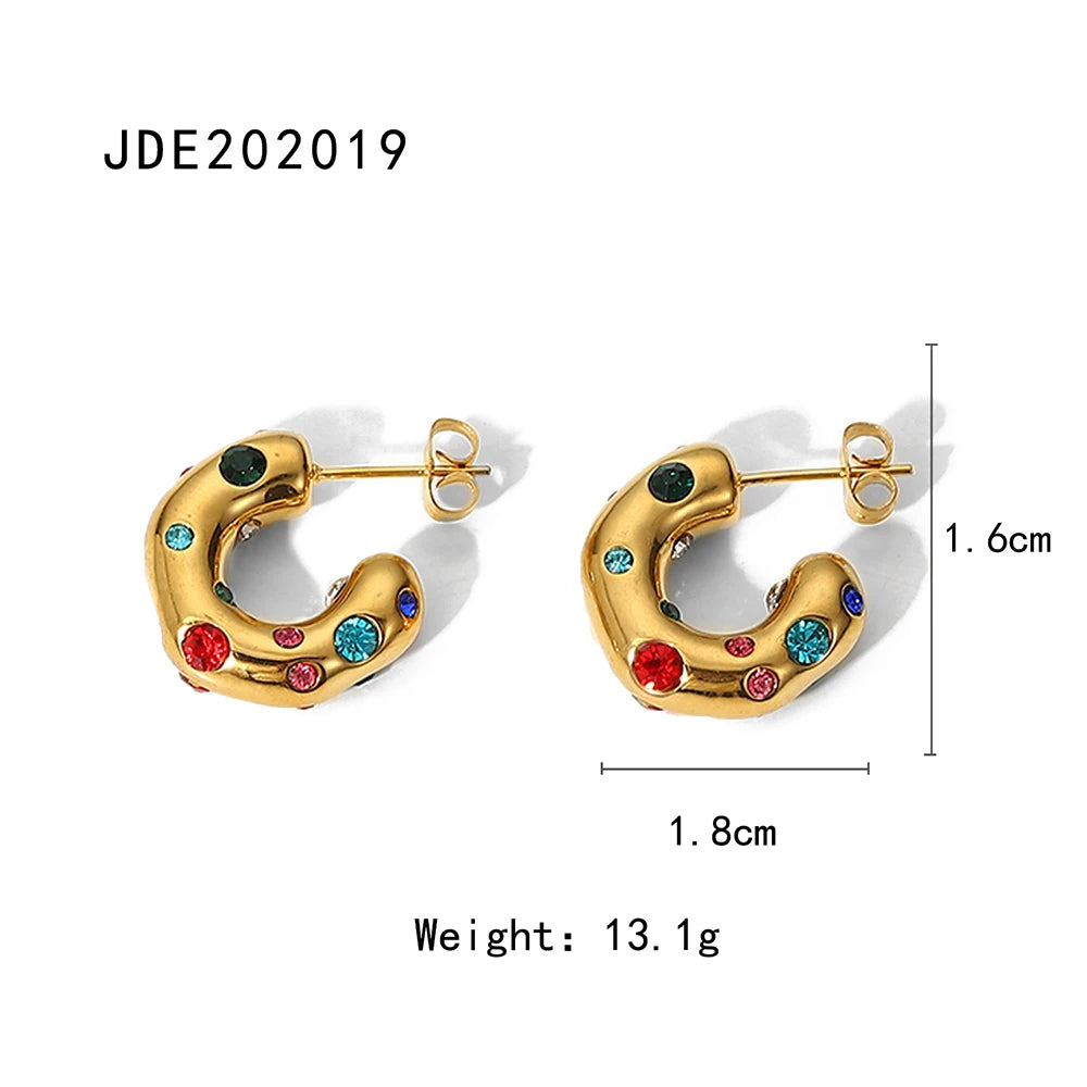 KIKA Shaped Hammer Shiny Zircon CC Shape Hoop Earrings For Women 18K Gold PVD Plated Stainless Steel 316L