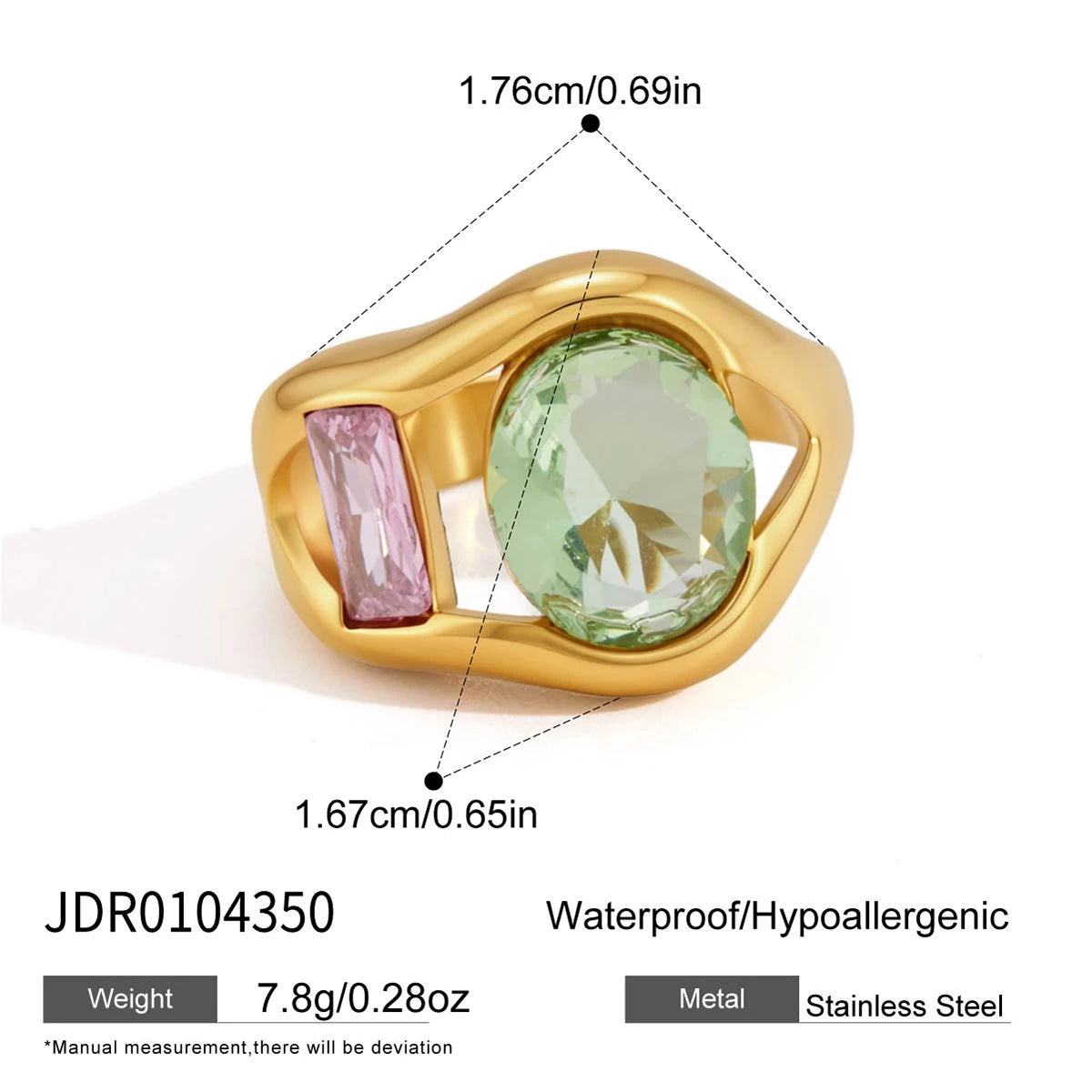 KIKA Chunky Multicolor Big Zircon Hollow Open Ring 18K Gold PVD Plated Stainless Steel 316Lt
