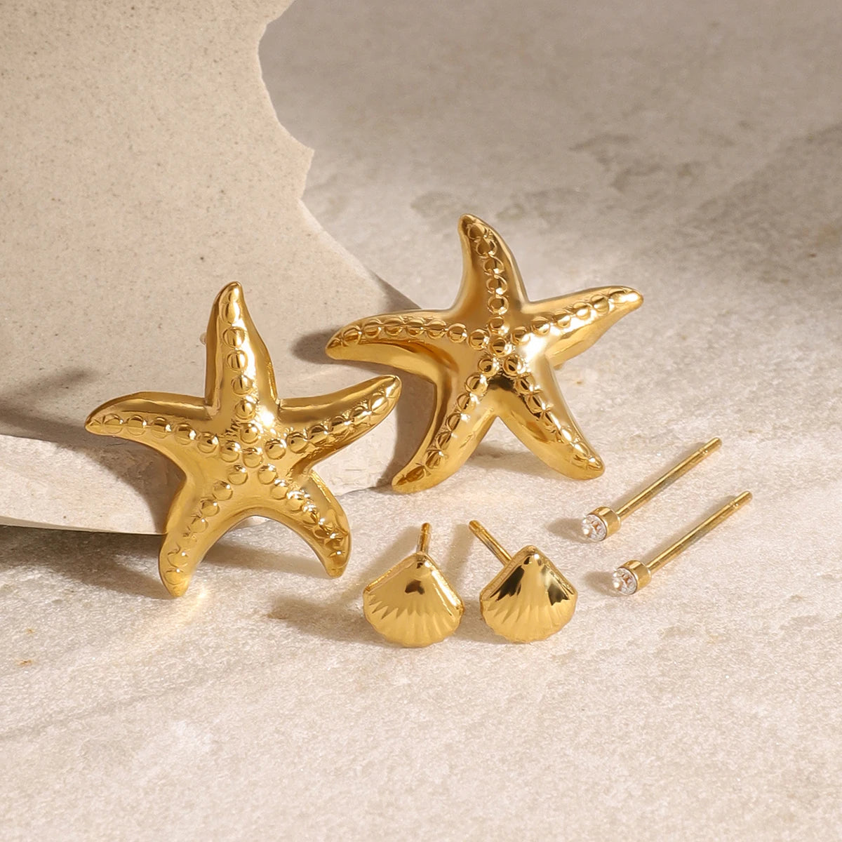 Exquisite 3-Pair Earring Set Shell Starfish Ear Studs Stackable