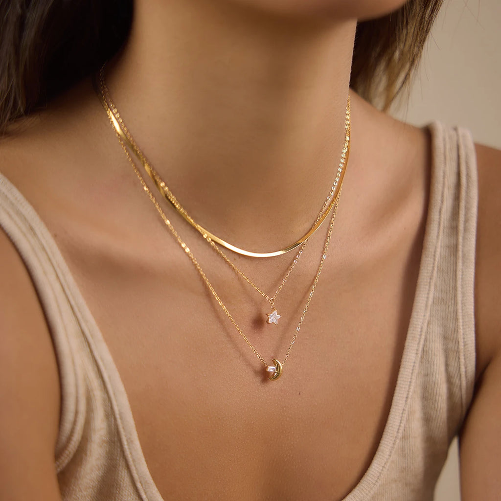 Kika Delicate Square White Zircon Moon Star Pendant With Three Layers Chain Necklaces