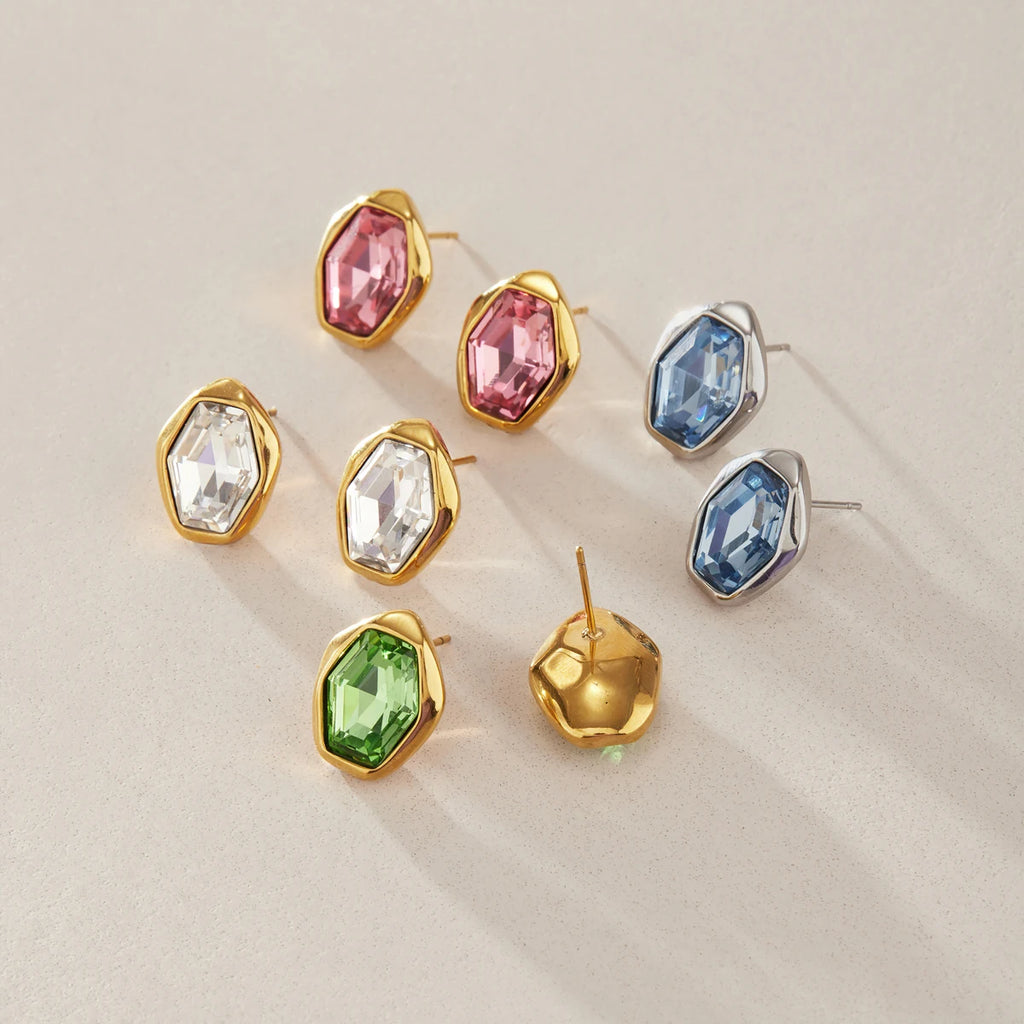 KIKA Elegant Glass Stone Stud Earrings  18K Gold PVD Plated Stainless Steel 316L