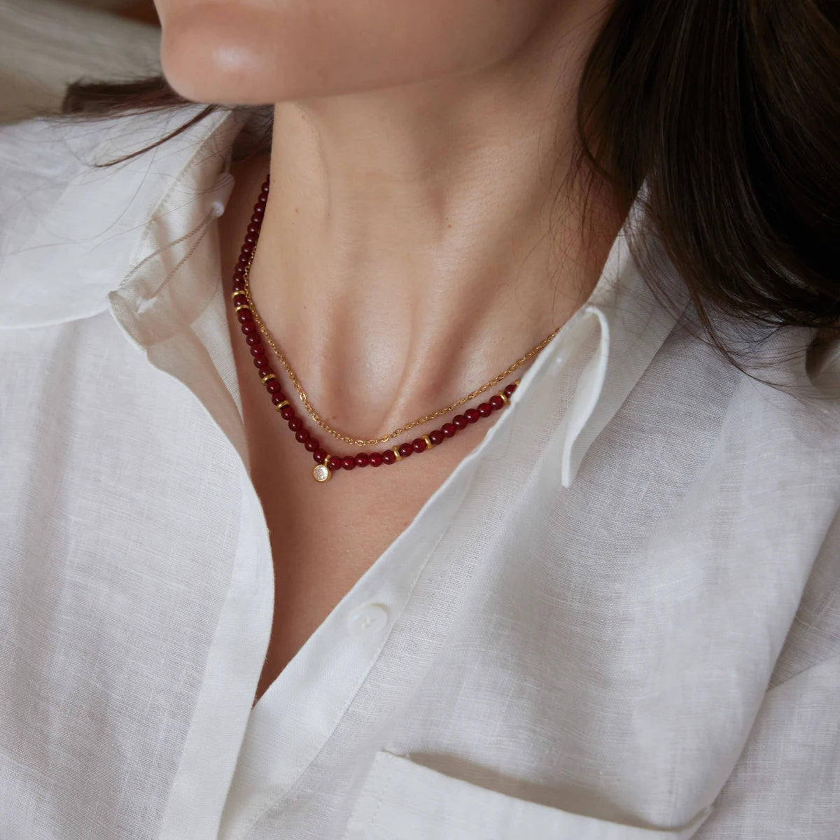 KIKA Red Agate Stone Imitation Pearl Beaded Necklace 18K Gold Plated Stainless Steel 316L