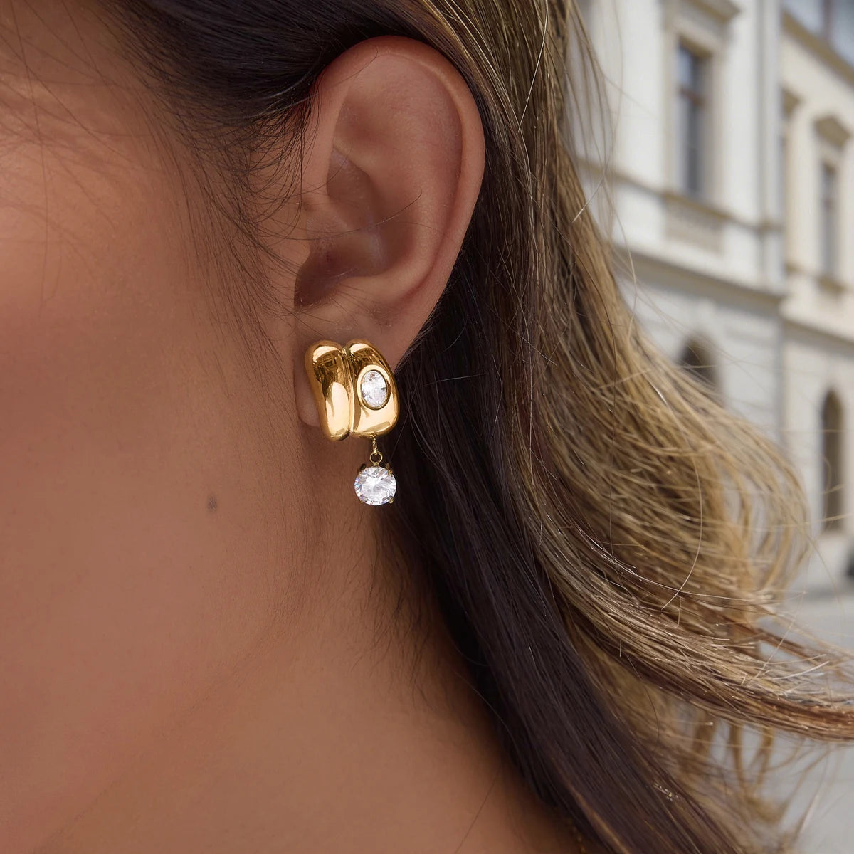 KIKA Classic Round Zircon Drop Earrings  18K Gold PVD Plated Stainless Steel 316L