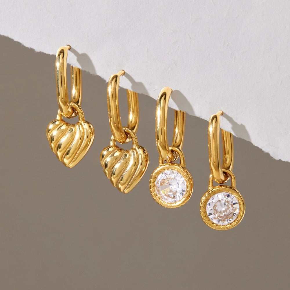 KIKA Round Zircon Heart Drop Earrings For Women Minimalist 18K Gold PVD Plated Stainless Steel 316L