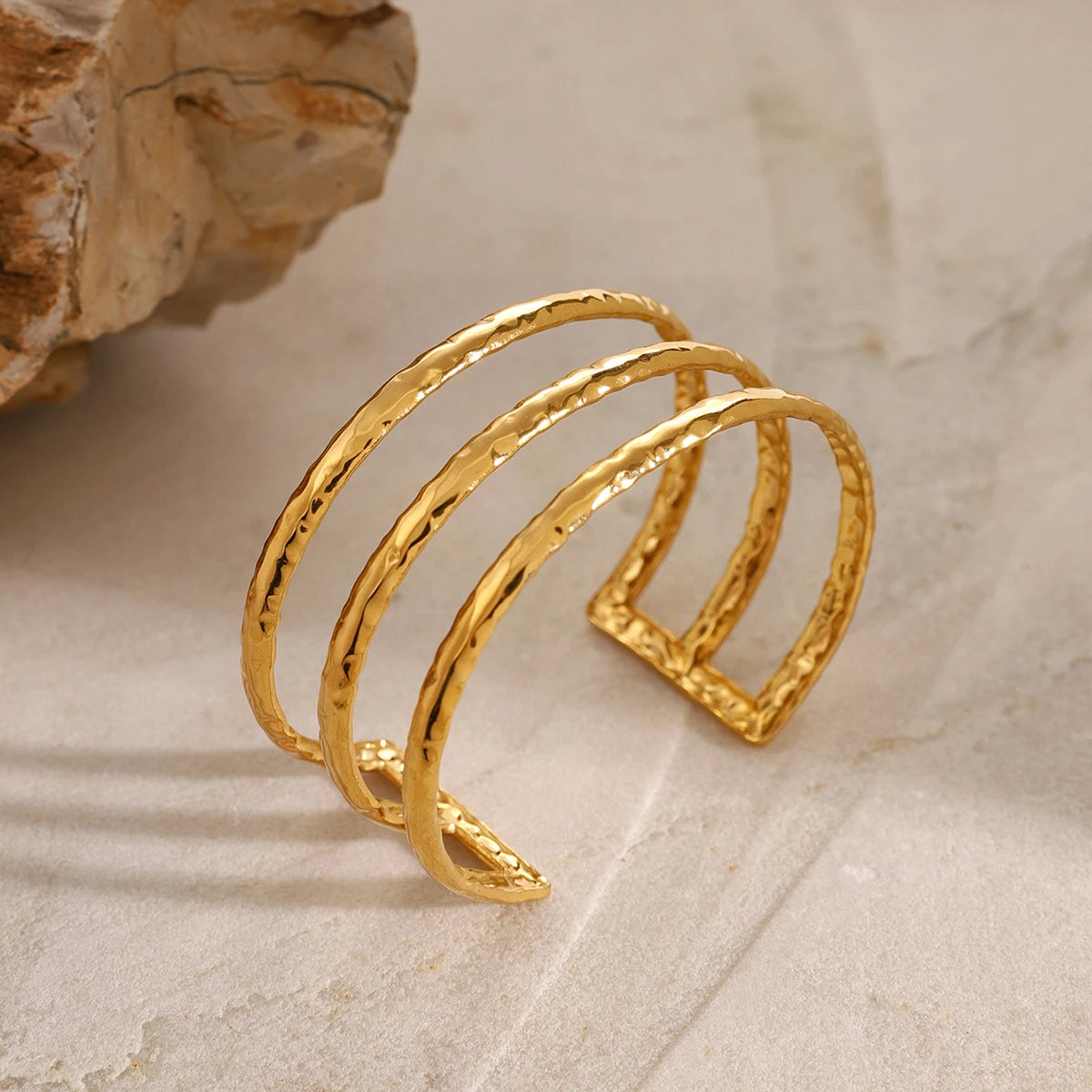 KIKA Stainless Steel Statement Gold Color Cuff Bracelet Bangle Metal Texture Multi-Layer Temperament Waterproof Jewelry