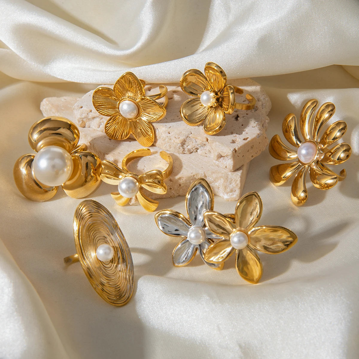 Kika Fashion Gold Color And Silver Color Flower Pearl Ring
