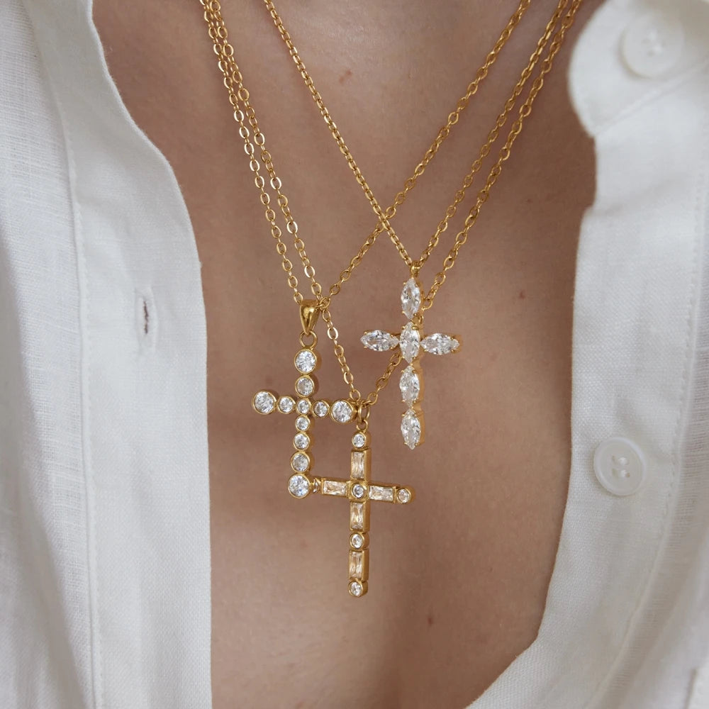 KIKA Classic Zircon Cross Pendant Necklace For Women Minimalist 18K Gold PVD Plated Stainless Steel Necklace Fashion Jewelry